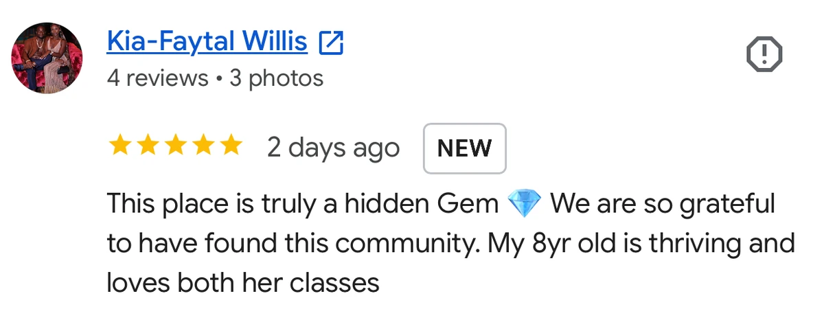 Screenshot of a five-star Google review from Kia-Faytal Willis calling the studio a hidden gem where her 8-year-old is thriving